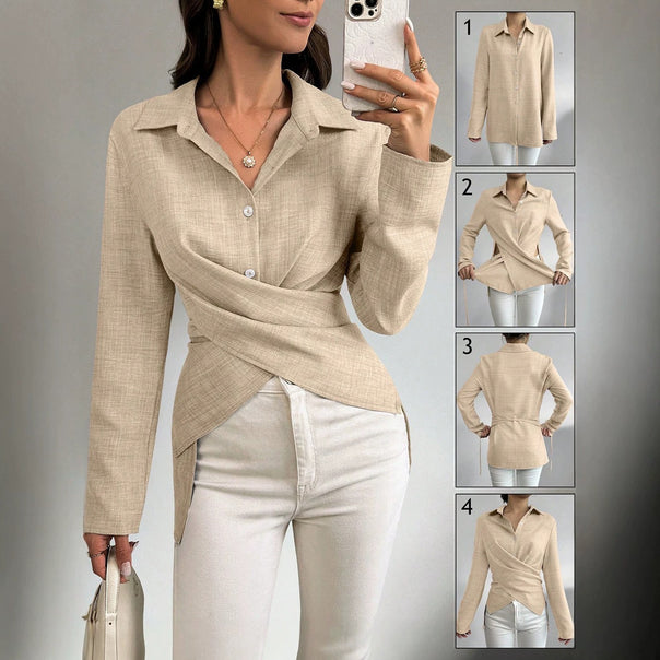 Women's wrap blouse with shirt collar and asymmetrical hem Mune Fashion