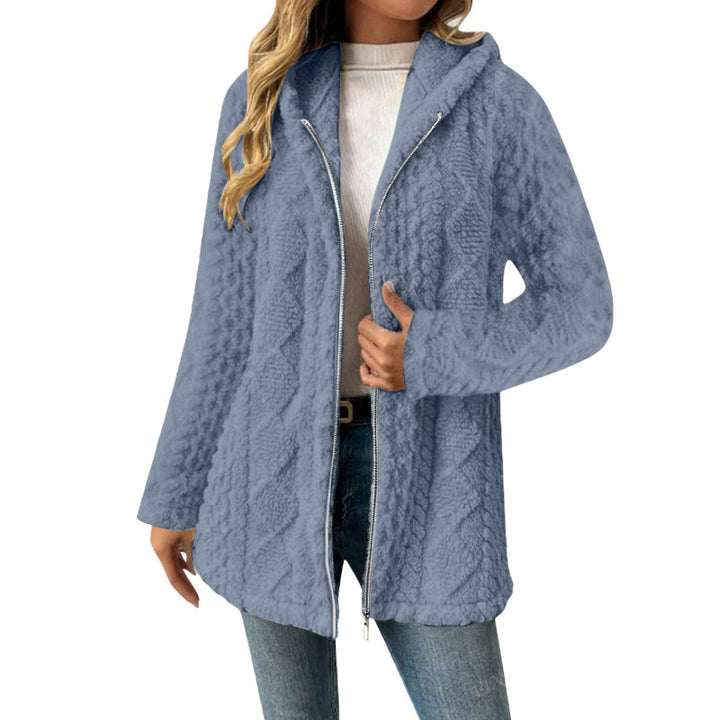 Women's Hooded Sherpa Jacket with Cable Pattern, Medium Length and Two-Way Zipper Mune Fashion