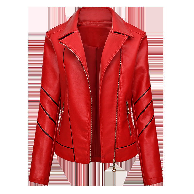Women's biker jacket made of faux leather with asymmetric decorative seams and tailored fit Mune Fashion