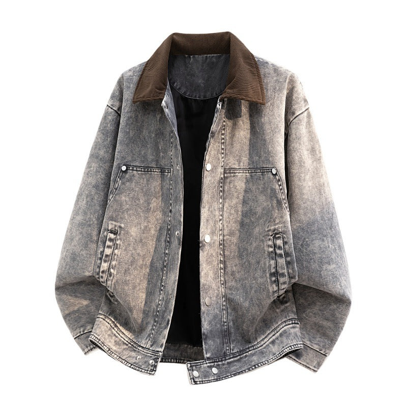 Men's Oversized Jeans Jacket in Used Look with Cord Collar & Snap Button Front Mune Fashion