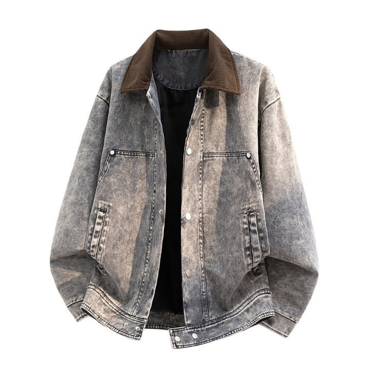 Men's Oversized Jeans Jacket in Used Look with Cord Collar & Snap Button Front Mune Fashion