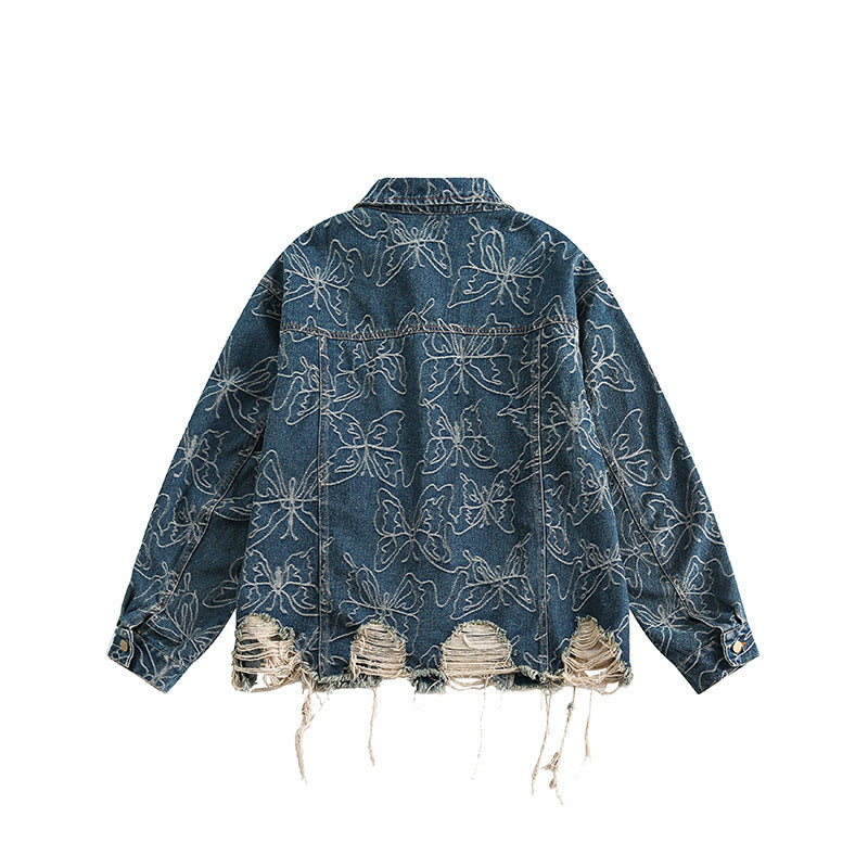 Unisex Oversized Jeans Jacket with Floral Embroidery, Contrast Panels and Frayed Hem Mune Fashion