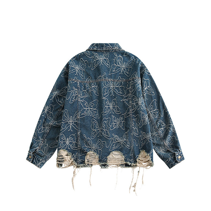 Unisex Oversized Jeans Jacket with Floral Embroidery, Contrast Panels and Frayed Hem Mune Fashion