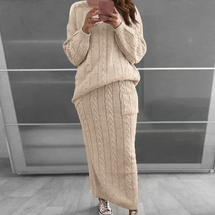 Women’s knitted set oversized cable knit sweater and maxi pencil skirt with patch pocket Mune Fashion