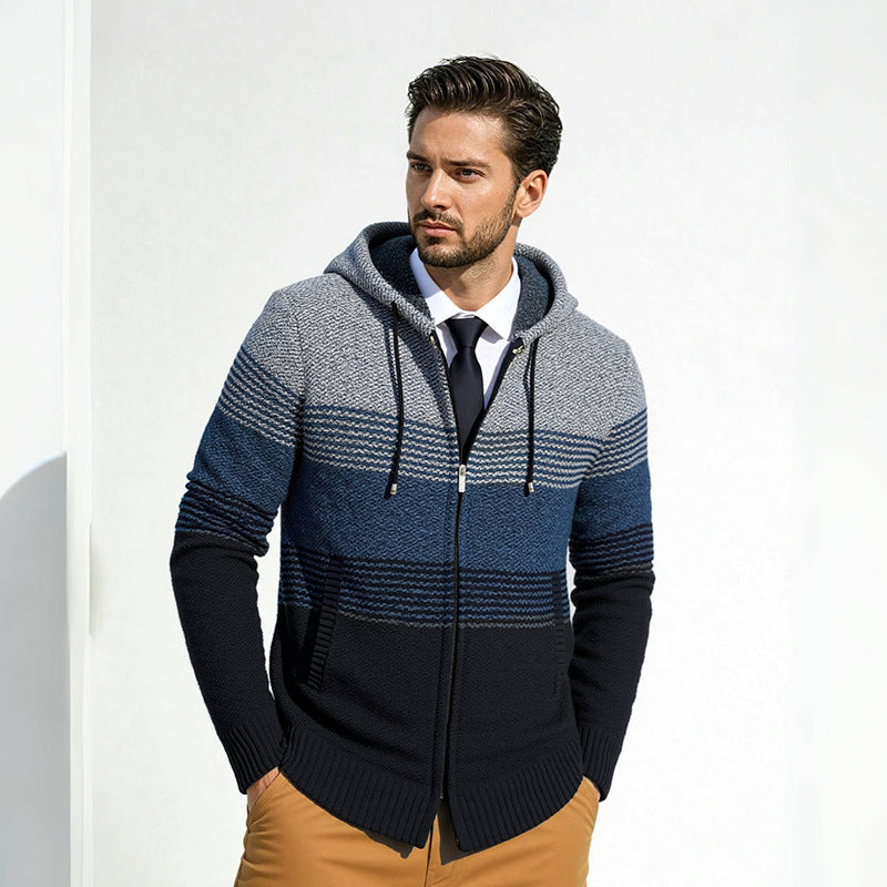 Men's hooded knit zip jacket with gradient block stripe pattern and thermal structure Mune Fashion