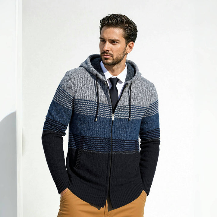 Men's hooded knit zip jacket with gradient block stripe pattern and thermal structure Mune Fashion