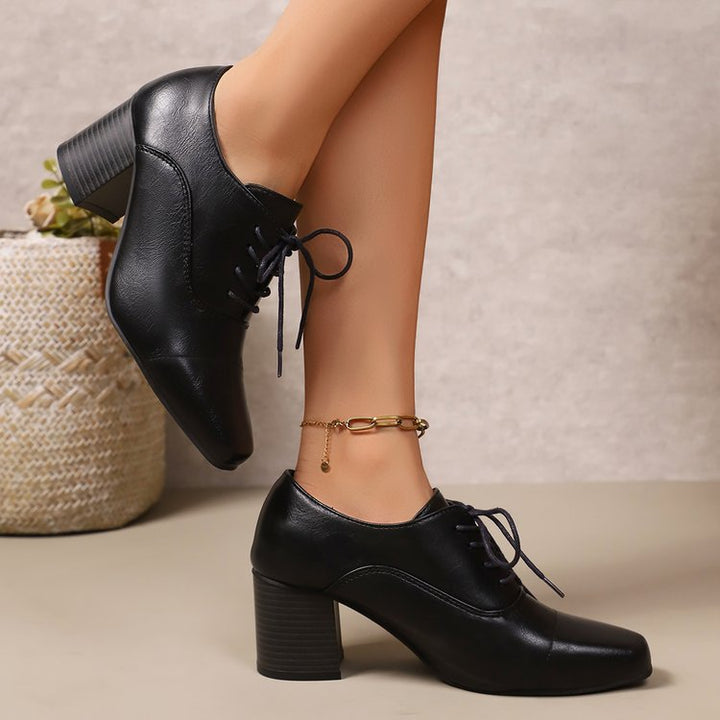 Women Elegant Lace-up Pumps with Square Toe and Mid-high Block Heel Mune Fashion
