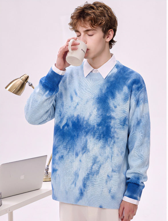 Men's Oversized Knit Sweater with Tie-Dye Look, Round Neck and Ribbed Cuffs Mune Fashion