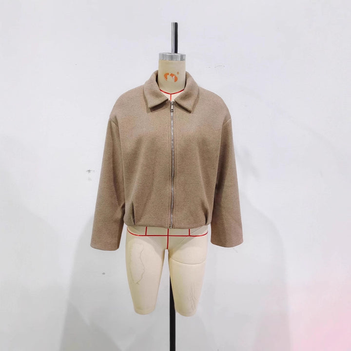Women Short Cut Wool Blend Jacket with Zipper and Short Stand Collar Mune Fashion