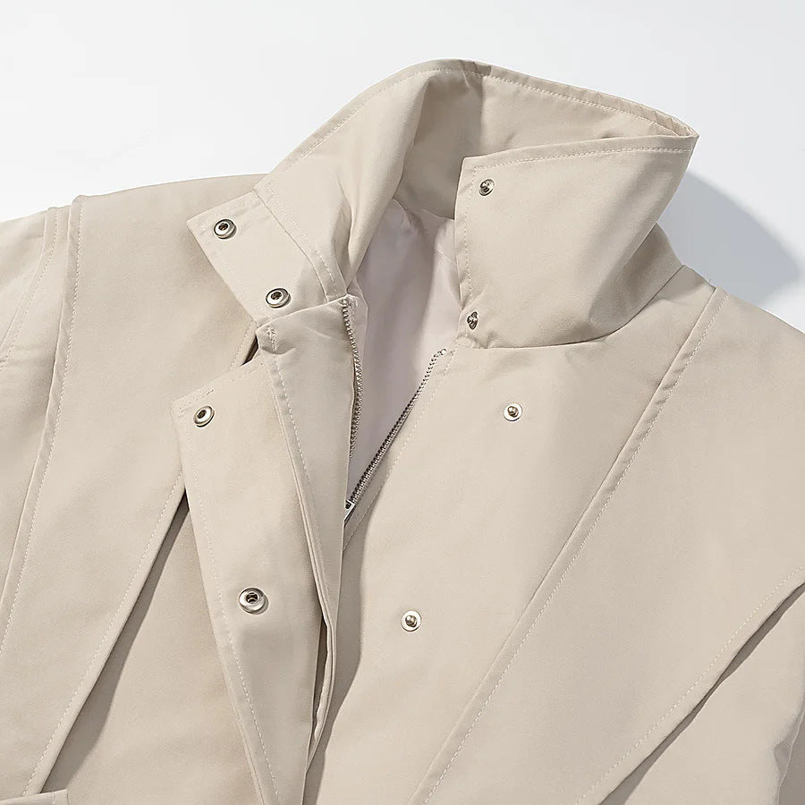Women's cropped coat jacket with overlapping shawl collar, tie belt, and snap button placket Mune Fashion