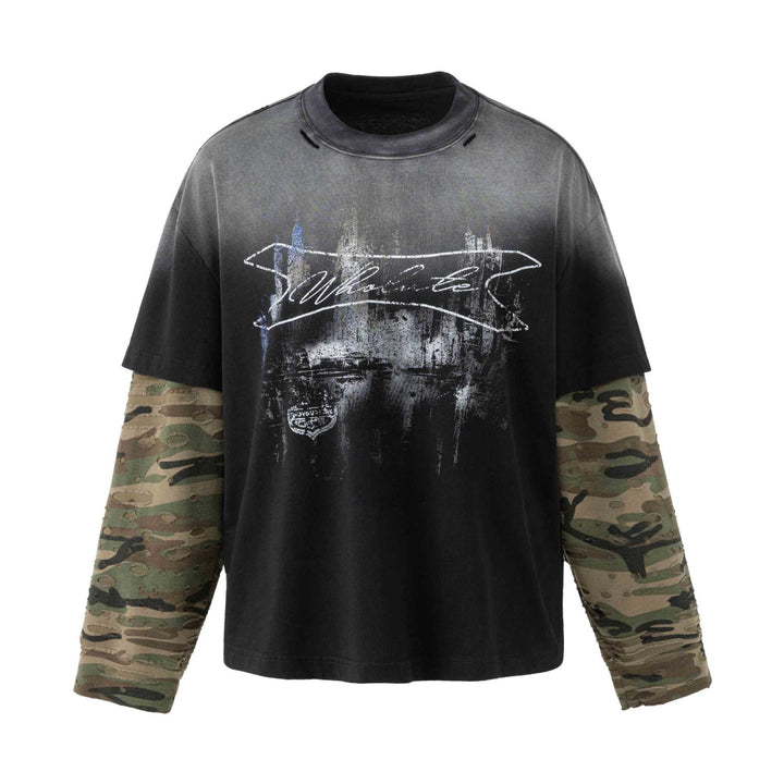Men's loose-fitting layered look T-shirt with used effect and camouflage sleeves Mune Fashion