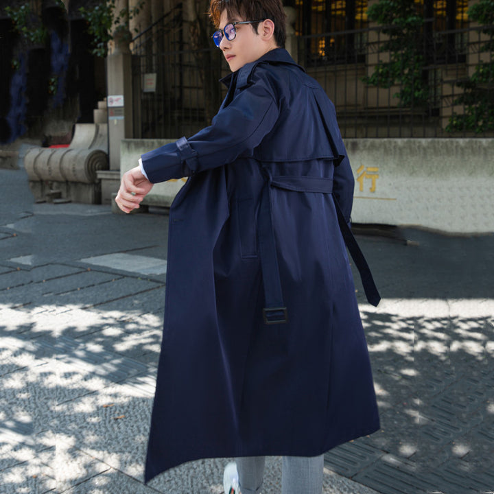 Men's Elegant Long Trench Coat with Tie Belt and Back Yoke Mune Fashion
