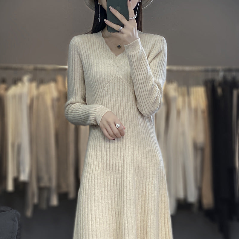 Women Long Ribbed Knit Midi Dress with Tailored Silhouette and A-Line Skirt Mune Fashion