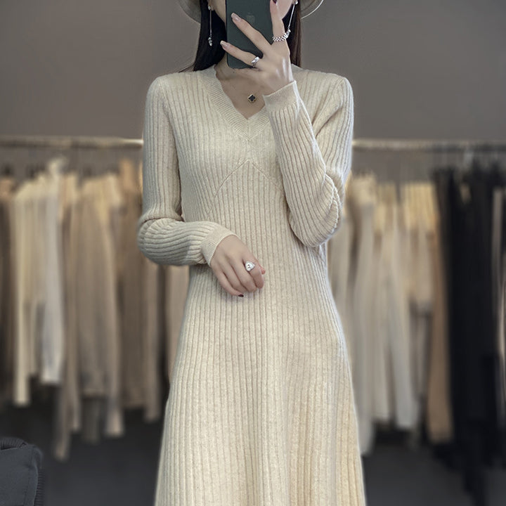 Women Long Ribbed Knit Midi Dress with Tailored Silhouette and A-Line Skirt Mune Fashion