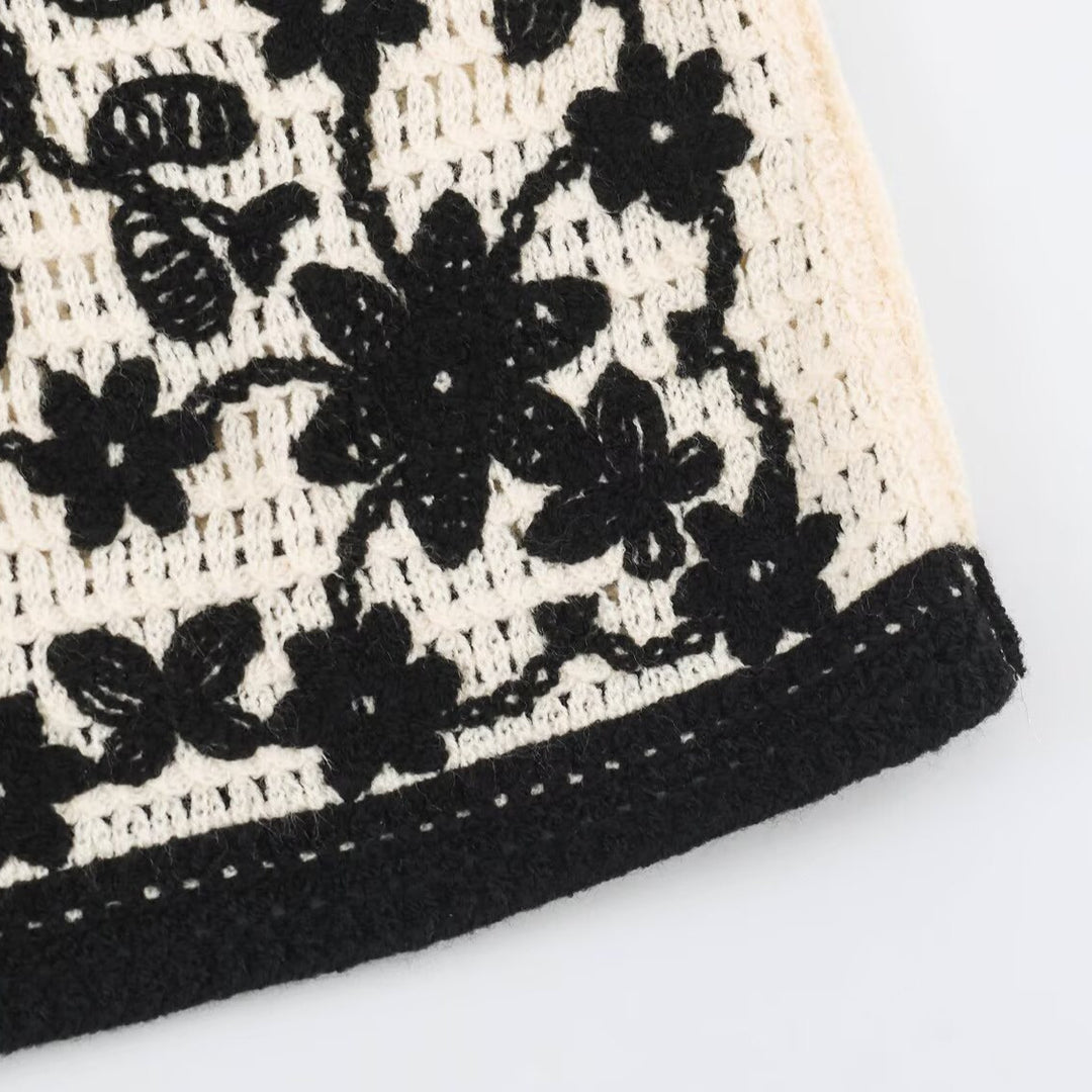 Women's Crocheted Boucle Cardigan with Three-Dimensional Flower Embroidery and Gold Accents Mune Fashion