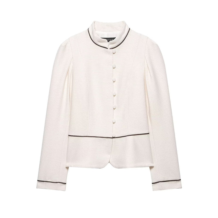 Ladies short blazer in bouclé look with stand-up collar, decorative button placket and contrast piping Mune Fashion