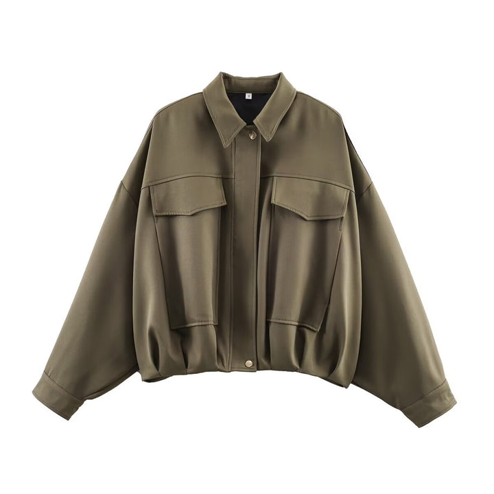 Women’s oversized utility jacket with oversized flap pockets, dropped shoulder, and elastic waistband Mune Fashion