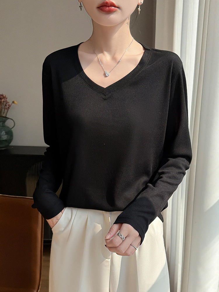 Ladies Lightweight V-Neck Fine Knit Long Sleeve Mune Fashion