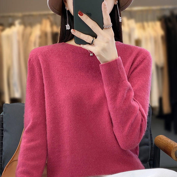 Ladies luxurious fine knit round neck sweater with soft fluffy finish and narrow cuff shape Mune Fashion