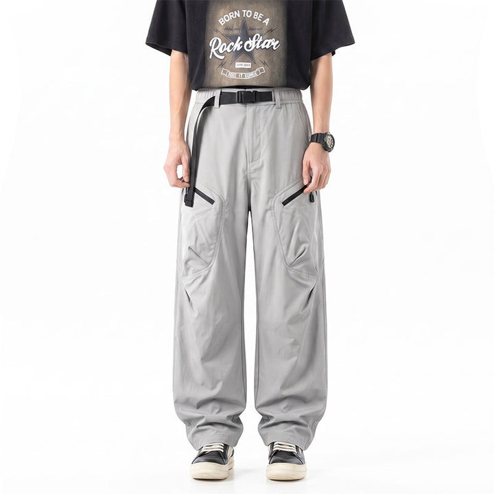 Men's Wide Ripstop Cargo Pants with Integrated Web Belt, Zipper Pockets, and Drawcord Finish Drune