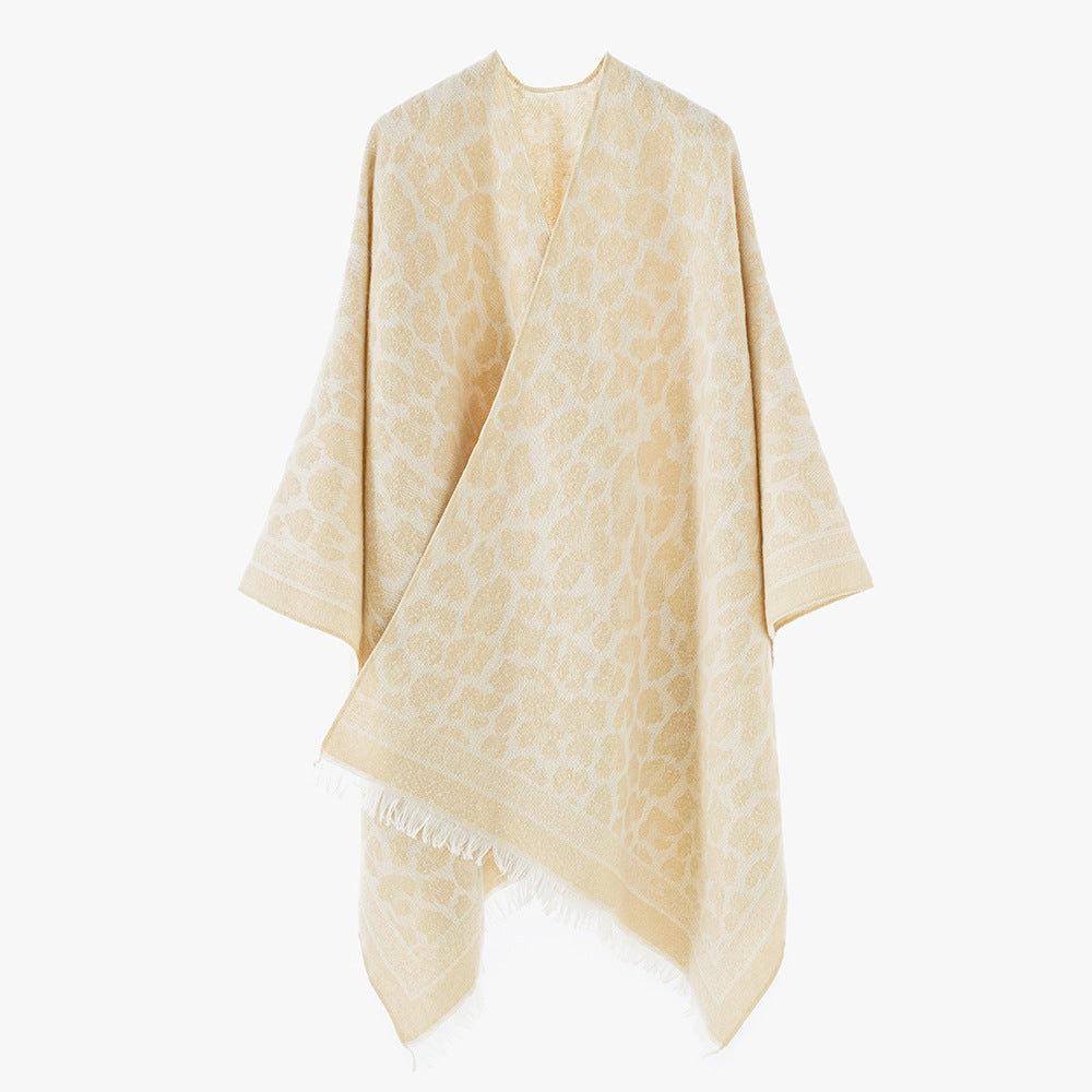 Women Jacquard Cape Poncho with Leo Structure and Fringe Hem Mune Fashion