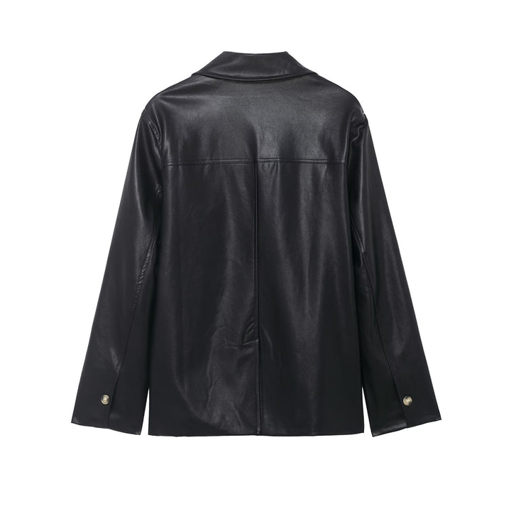 Women's A-line coat in vegan smooth leather look with shirt collar and continuous button placket Mune Fashion