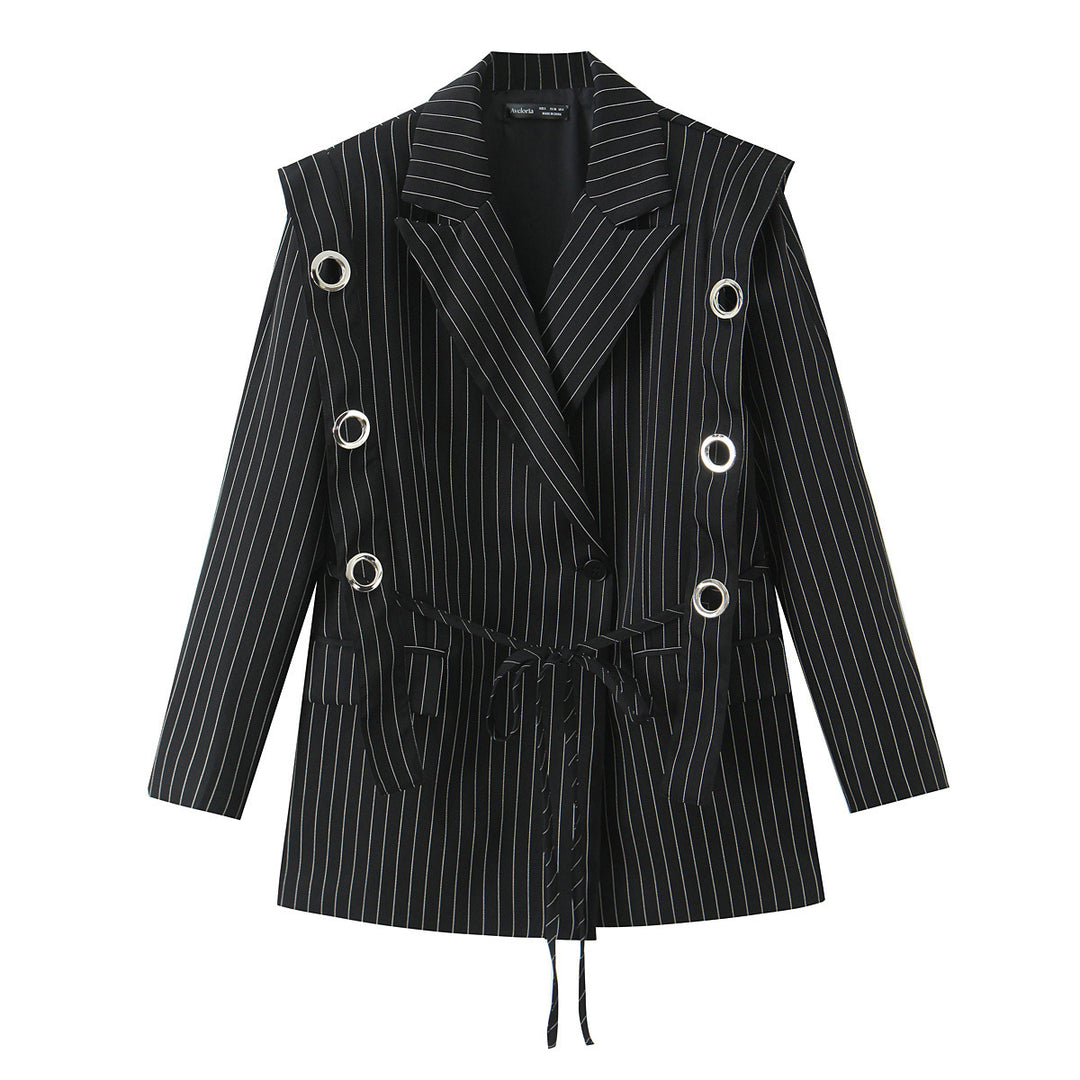Women pinstripe blazer with eyelet application and drawstring Mune Fashion
