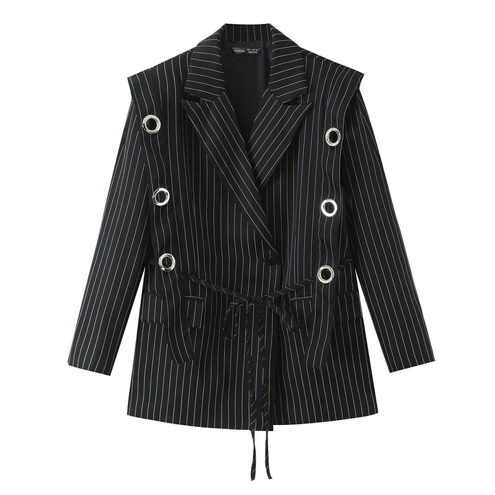 Women pinstripe blazer with eyelet application and drawstring Mune Fashion