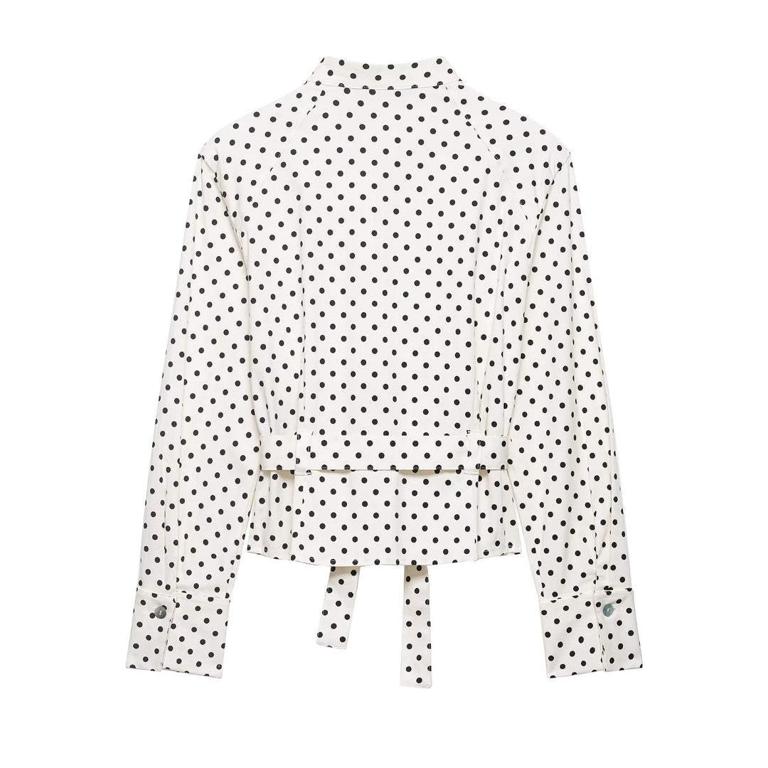 Women's Tailored Blouse Jacket with Stand Collar, Tie Belt and Polka Dot Print Mune Fashion