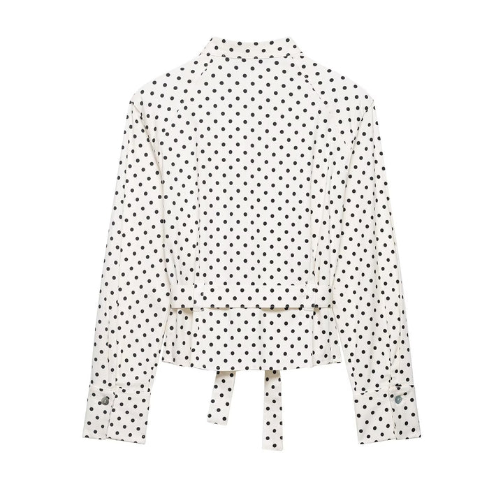Women's Tailored Blouse Jacket with Stand Collar, Tie Belt and Polka Dot Print Mune Fashion