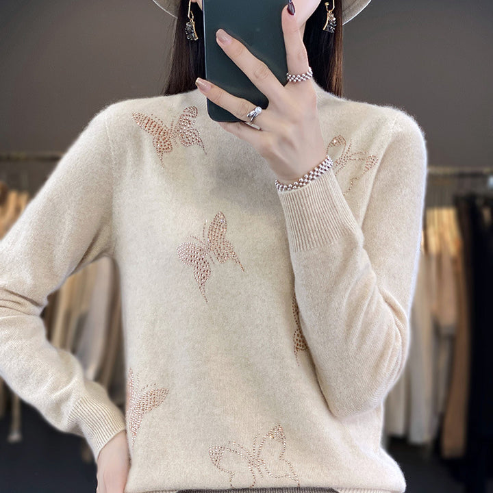 Women Stand Collar Fine Knit Sweater with Rhinestone Butterfly Application Mune Fashion