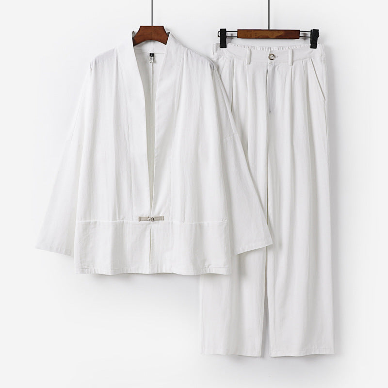 Women's Kimono Lounge Set made of lightweight viscose-linen with decorative toggle closure and wide waistband pants Mune Fashion