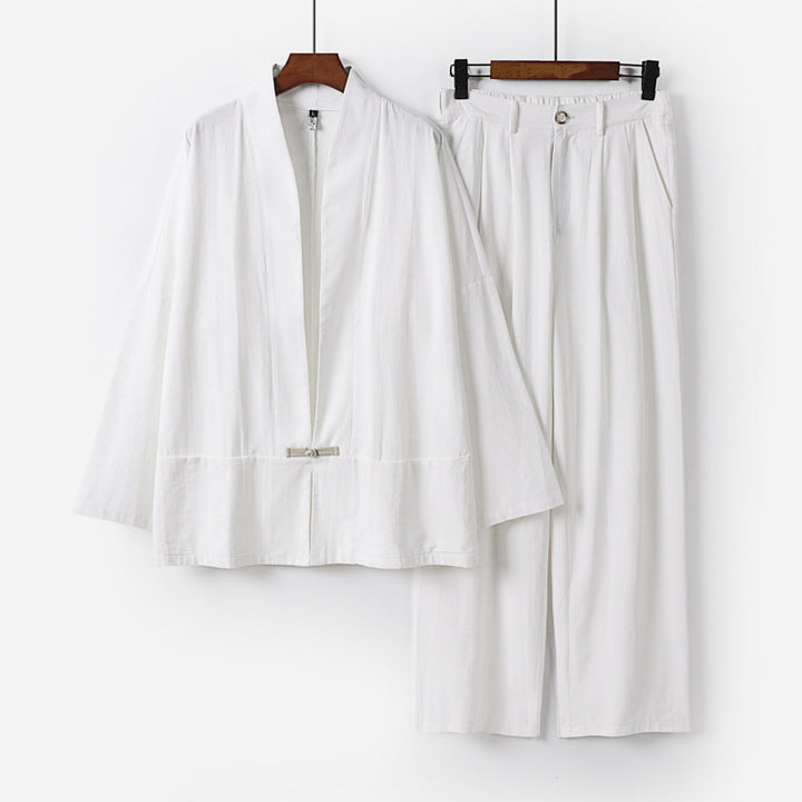 Women's Kimono Lounge Set made of lightweight viscose-linen with decorative toggle closure and wide waistband pants Mune Fashion