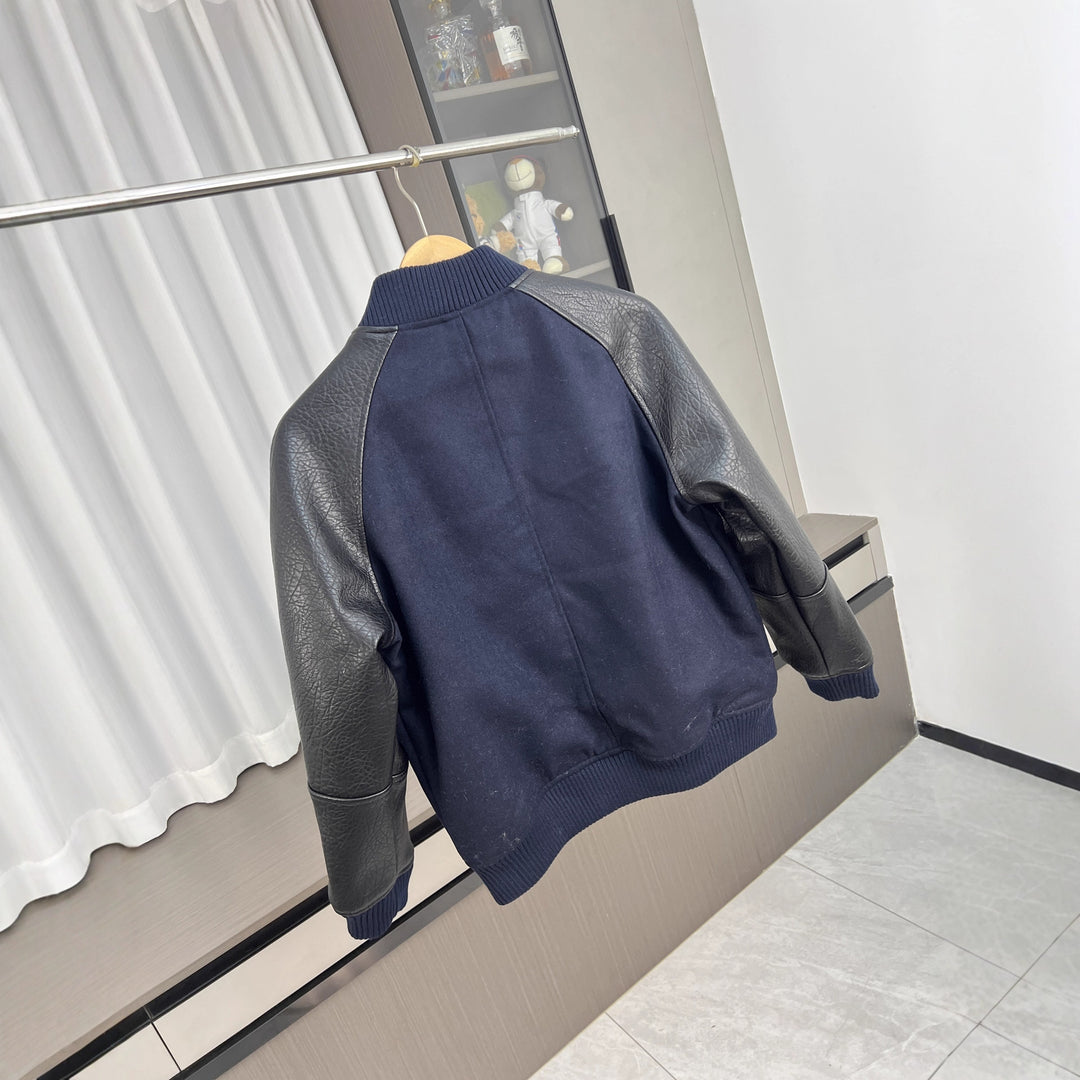 Men's College Bomber Jacket with Wool Blend Body and Structured Leather Look Sleeves Mune Fashion