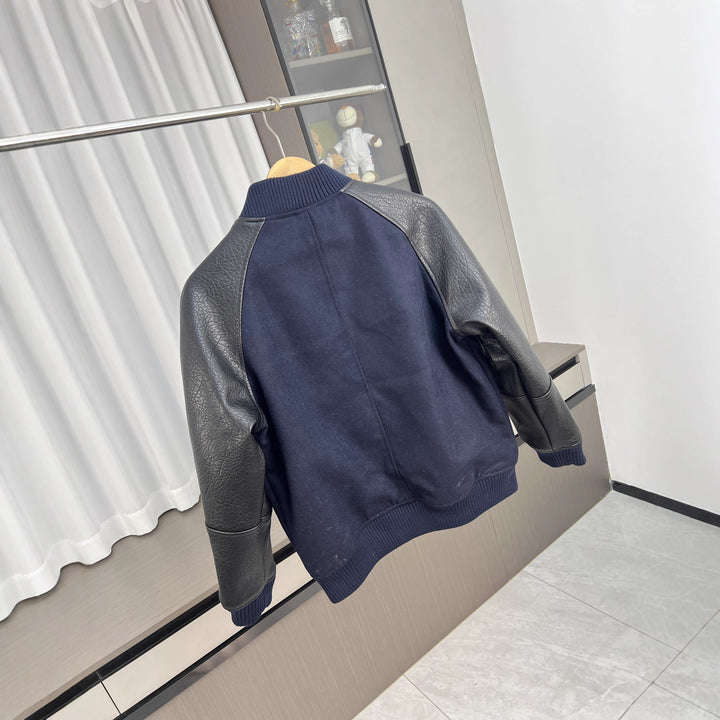 Men's College Bomber Jacket with Wool Blend Body and Structured Leather Look Sleeves Mune Fashion