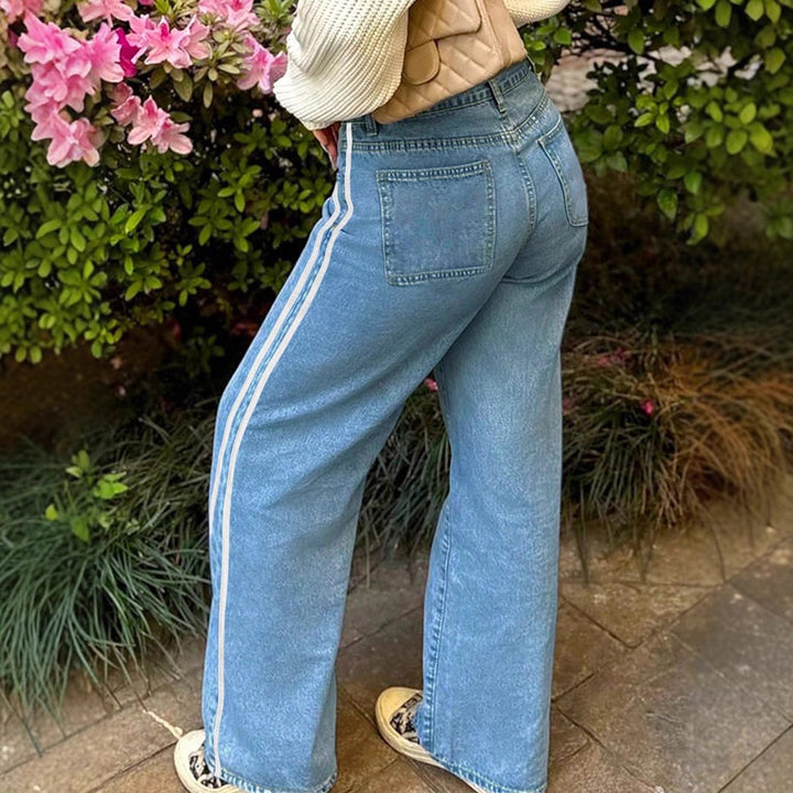 Ladies wide denim jeans with sporty side stripe Mune Fashion