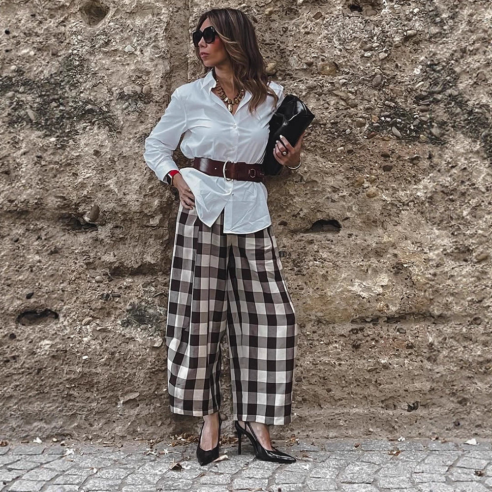 Women's Checked High-Waisted Palazzo Pants with Wide Leg & Pleats Mune Fashion