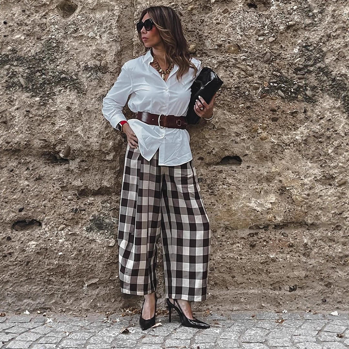 Women's Checked High-Waisted Palazzo Pants with Wide Leg & Pleats Mune Fashion