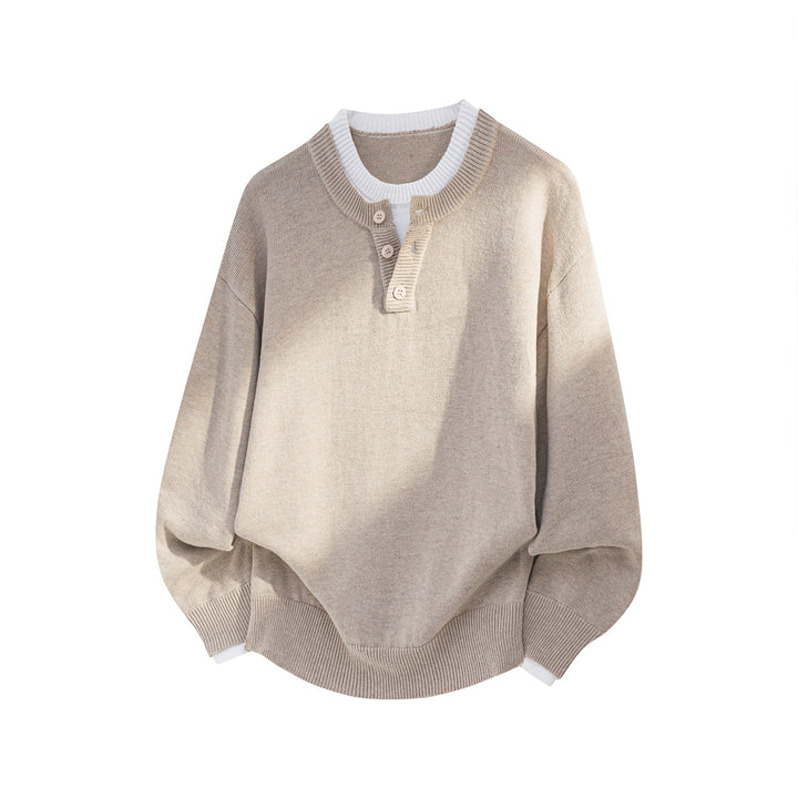 Unisex Oversize Knit Sweater with Henley Button Placket and Contrasting Inner Collar Mune Fashion