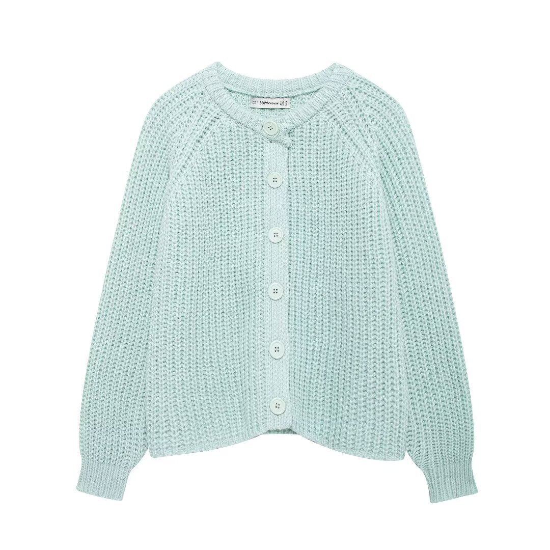 Women chunky knitted raglan cardigan with balloon sleeves and full button placket Mune Fashion