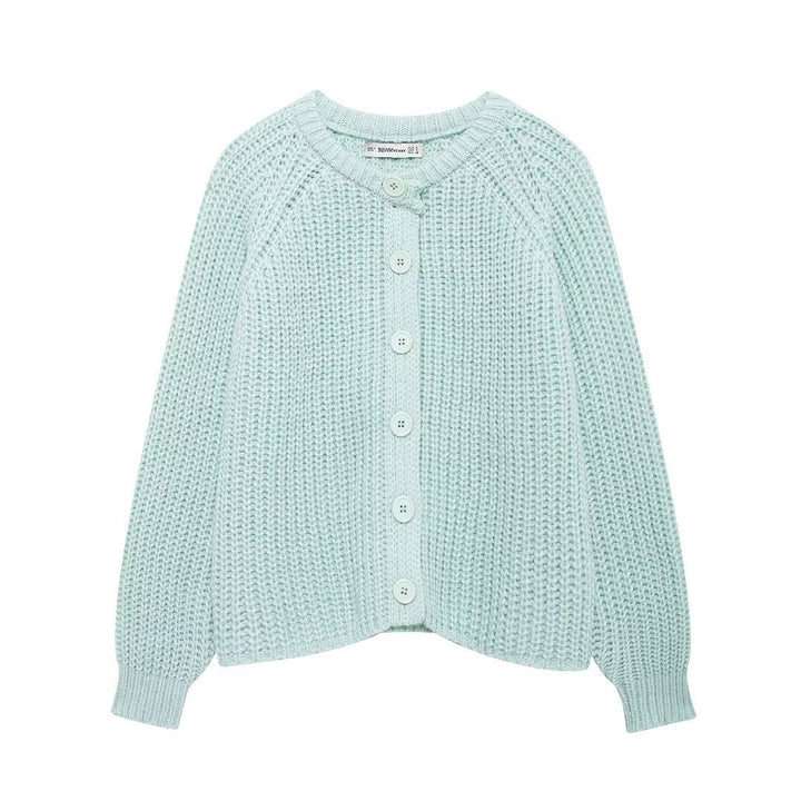Women chunky knitted raglan cardigan with balloon sleeves and full button placket Mune Fashion