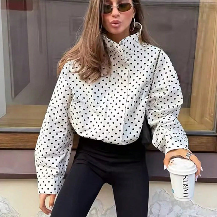 Women Polka Dot Blouse with Stand-up Collar and Balloon Sleeves Mune Fashion