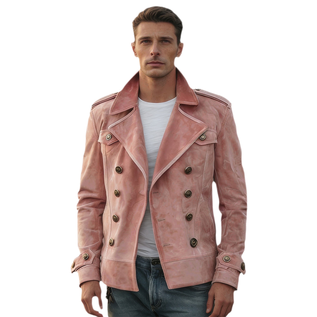 Men's double-breasted vintage leather jacket with lapel collar and shoulder patches Mune Fashion