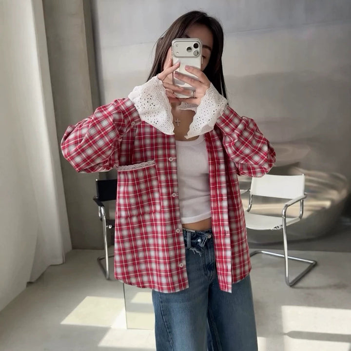 Women’s Oversize Checked Flannel Shirt with Lace Cuffs and Decorative Piping Mune Fashion