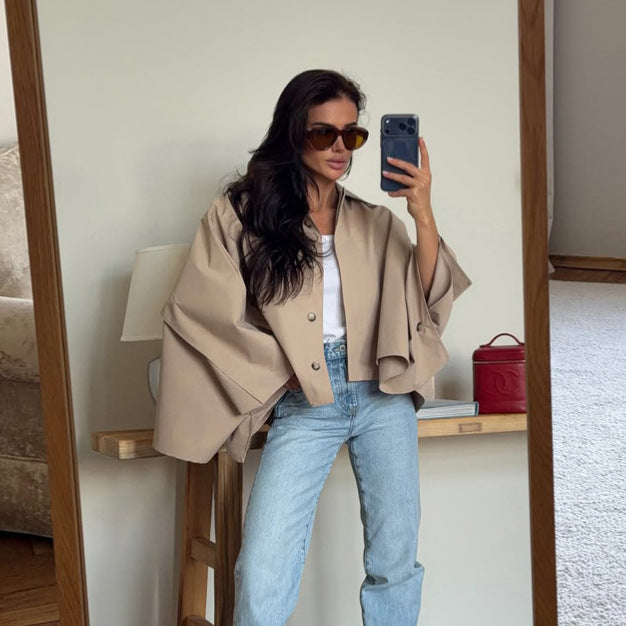 Women's Oversized Cropped Jacket with Voluminous Bat Sleeves and Shirt Collar Mune Fashion