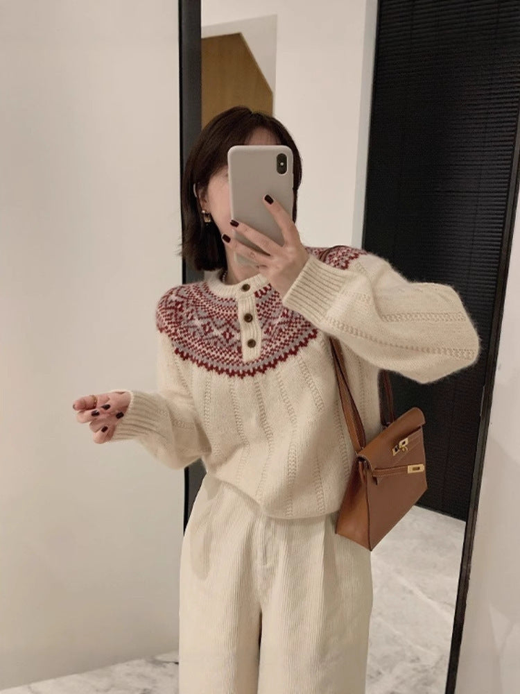 Women Norwegian pattern round yoke sweater with button placket and mohair look Mune Fashion