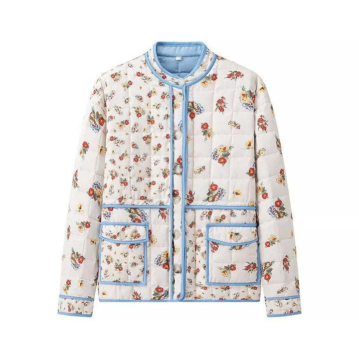 Women's padded boxy jacket with floral all-over print, contrasting piping and patch flap pockets Mune Fashion