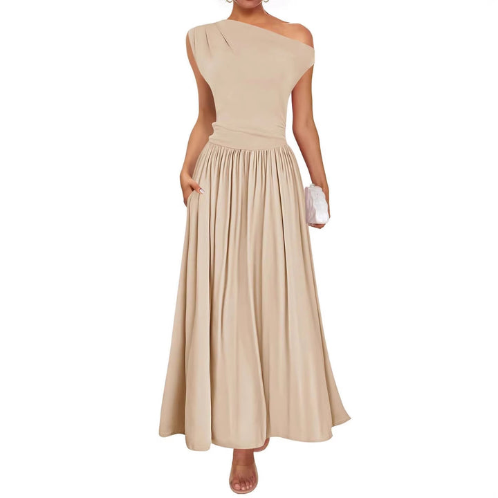 Women Asymmetrical Maxi Dress with One-Shoulder, Waist Emphasis and Side Pockets Mune Fashion