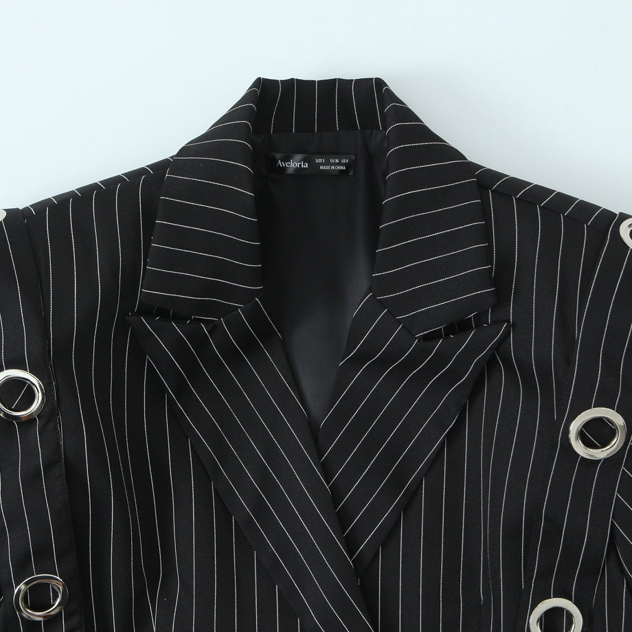 Women pinstripe blazer with eyelet application and drawstring Mune Fashion