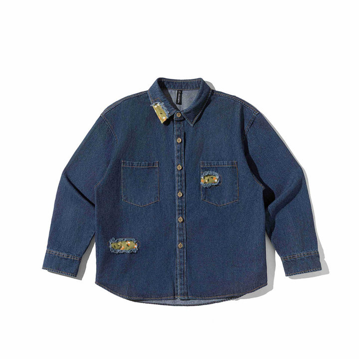 Men's Oversized Denim Shirt Jacket with Used Effects and Camouflage Patches Mune Fashion